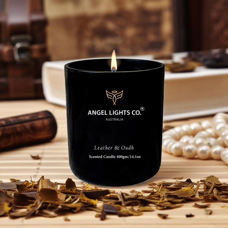 Leather & Oudh scented soy candle - Angel Lights Co